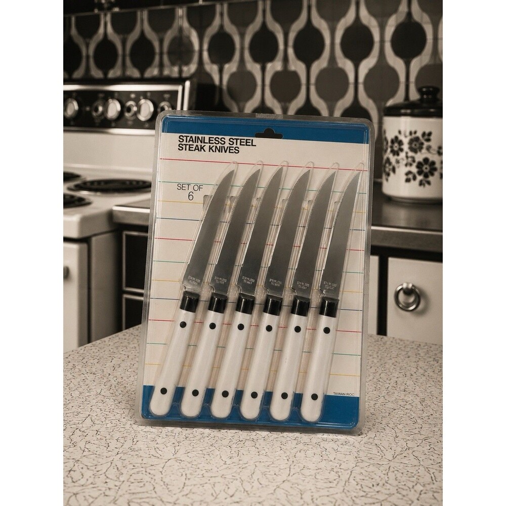 Vintage NOS Stainless Steel Steak Knife Set of 6 White Handles Knives Sealed